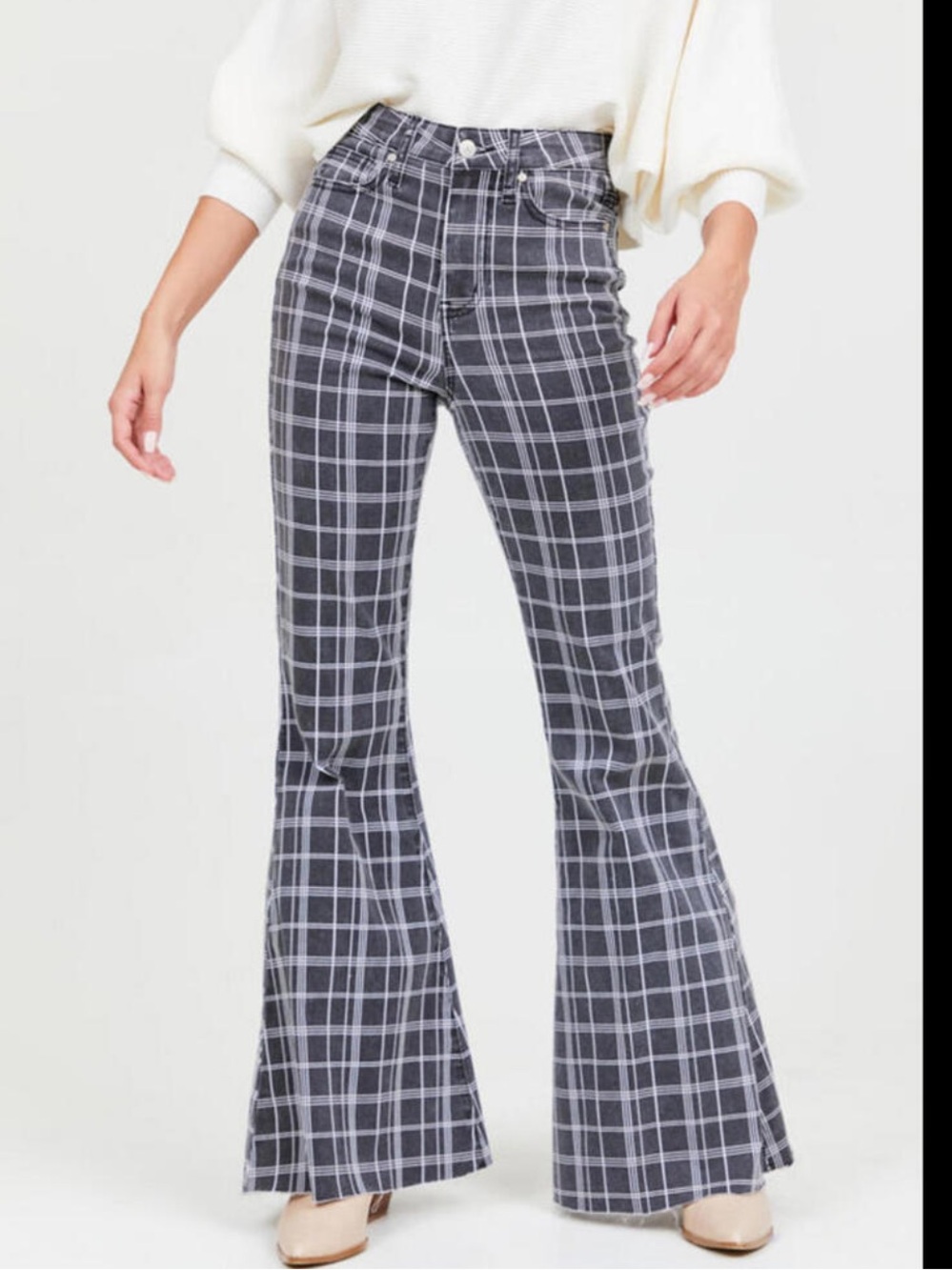 Altar'd State Gray Plaid Flare Jeans Denim Boho Hippie Pants Women’s Size NWT